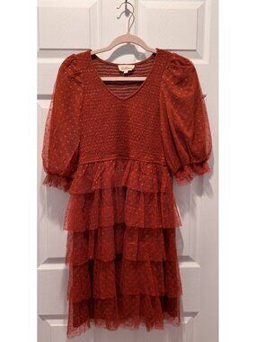 Listicle Rust Swiss Dot Tiered Dress Smocked Bodice Puff Sleeve Size S